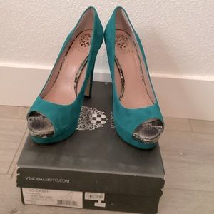 Vince Camuto Teal and snakeskin platform peep toe pumps